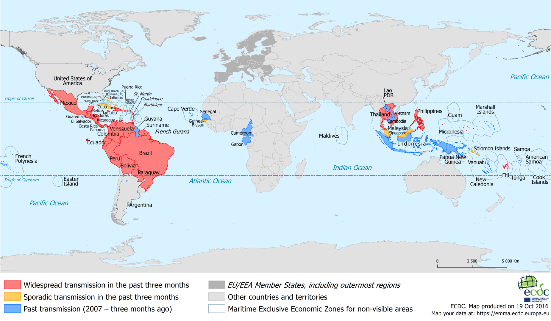 Areas of reported mosquito-related Zika transmission